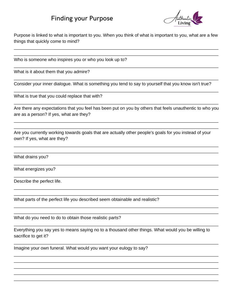 Find Your Purpose Worksheet, Authentic Living London