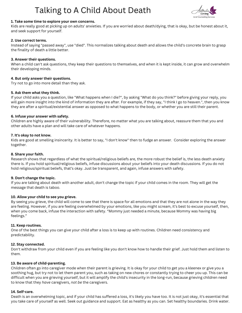 Talk to a child about death worksheet, Authentic Living London
